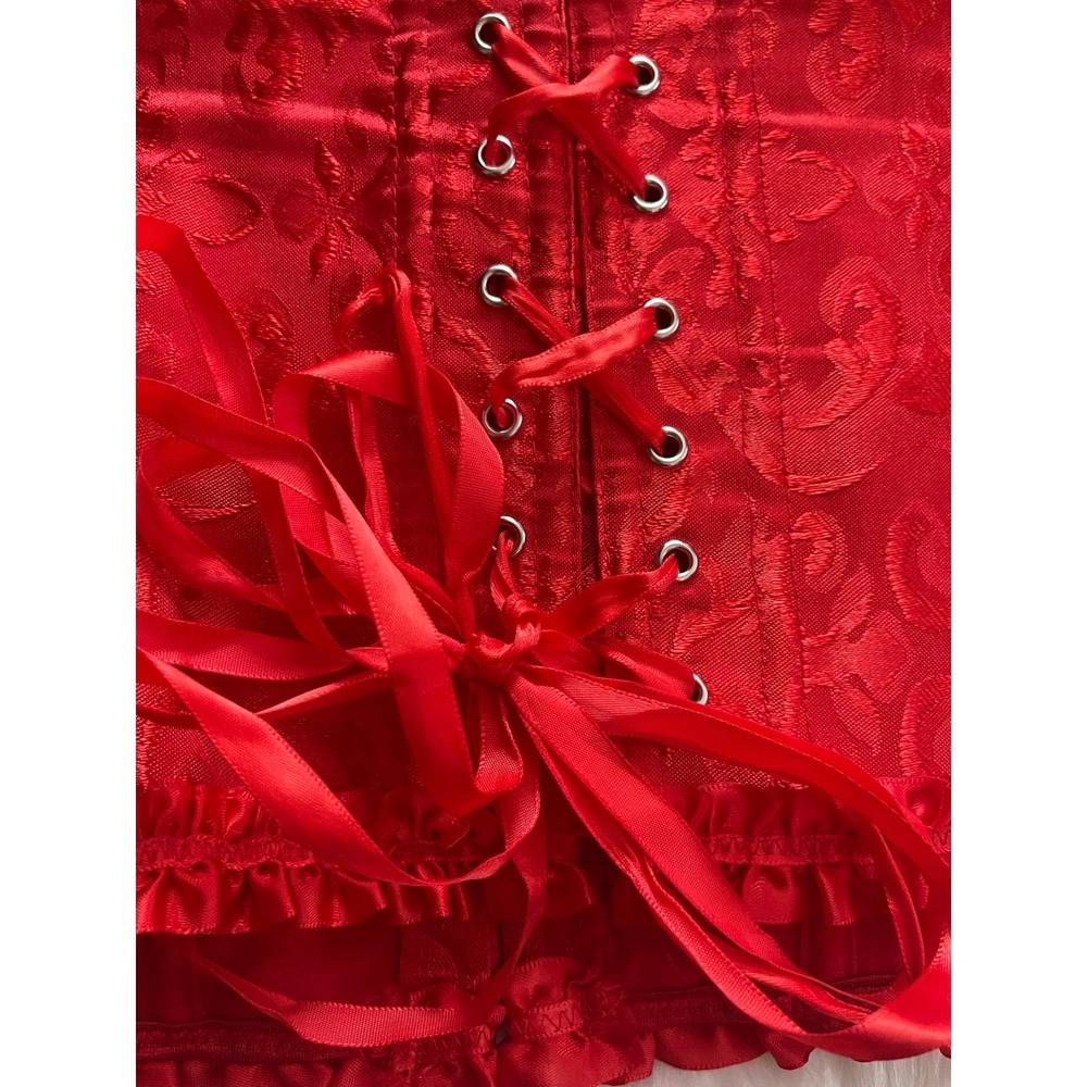 Women Red Victoria Style Satin Bustier Corset Floral Brocade Ruffled Trim 4XL - Picture 7 of 12